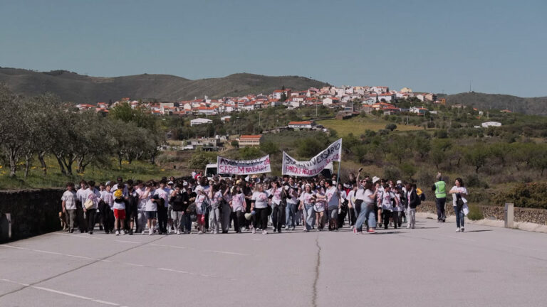Alunos na recriação da manifestação das gravuras junto ao Museu do Côa.